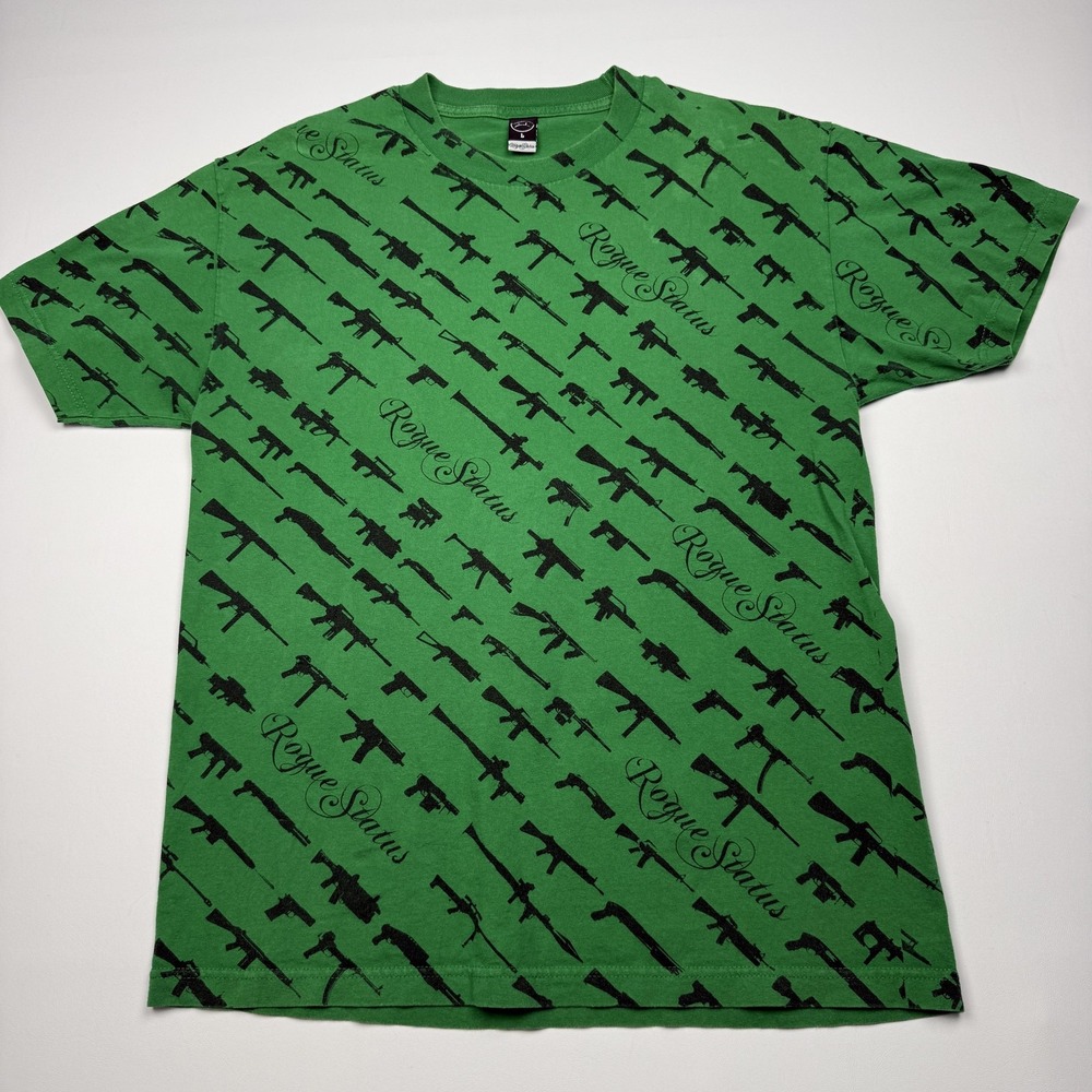 Rogue Status Shirt Mens Large Green All Over Guns Graphic T-Shirt Tee Streetwear